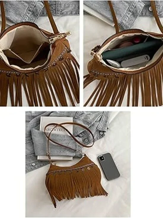 Vintage Look Suede Hobo Fringe Bag Hippie Western Cowgirl Purse - Picture 4 of 5